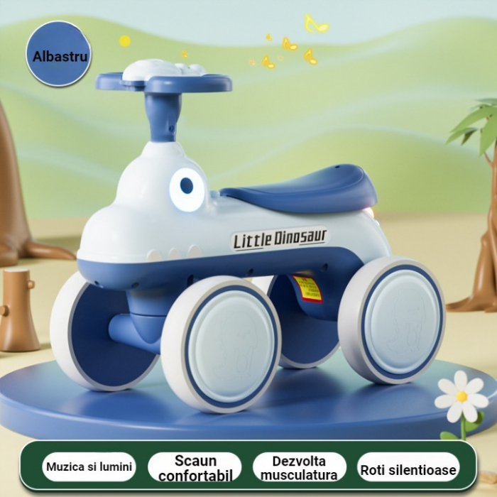 Bicicleta Pentru Copii, Flippy, Fara Pedale, Cu Patru Roti, Din Plastic Rezistent, Fara BPA, Cu Muzica Si Lumini, Model Dinozaur, 50x27x40 Cm, Albastru [1]