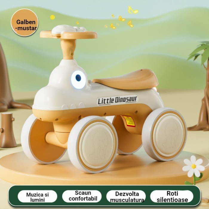 Bicicleta Pentru Copii, Flippy, Fara Pedale, Cu Patru Roti, Din Plastic Rezistent, Fara BPA, Cu Muzica Si Lumini, Model Dinozaur, 50x27x40 Cm, Galben-Mustar [2]