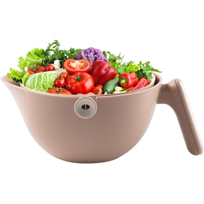Bol cu Doua Straturi, Flippy, pentru Fructe, Legume, cu Cos de Scurgere a Apei, 2L, din ABS+PP, 29.9 x 22.5 x 11.8 cm, Maro [7]