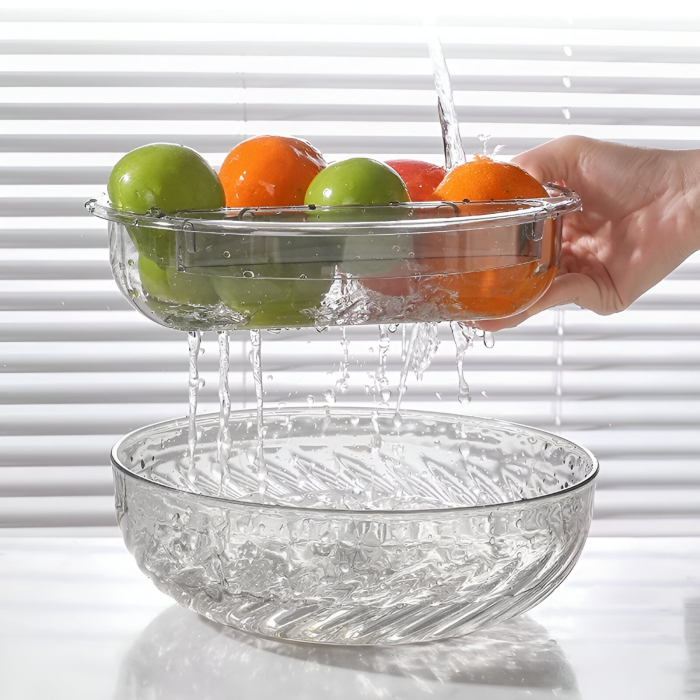 Bol cu Doua Straturi, Flippy, pentru Fructe, Legume, Snacks, cu Strat de Scurgere a Apei, Suport pentru Telefonul Mobil, 22.4x9 cm, Transparent [3]
