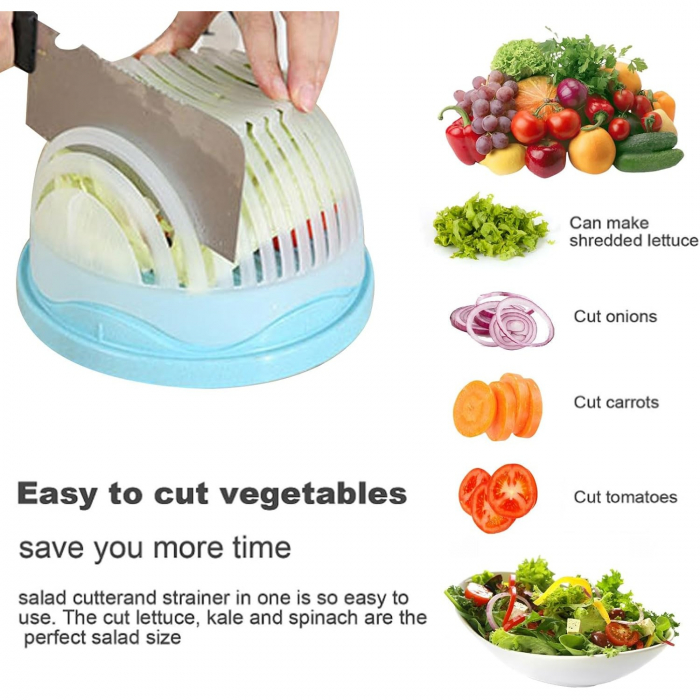 Bol Feliator pentru Salata, Flippy, Castron Multifunctional pentru Legume si Fructe, pentru Spalat si Taiat Legumele, cu Scurgere si Tocator, Ergonomic, Protectie pentru Maini, 21x18.5x11.5 cm, Albast [4]
