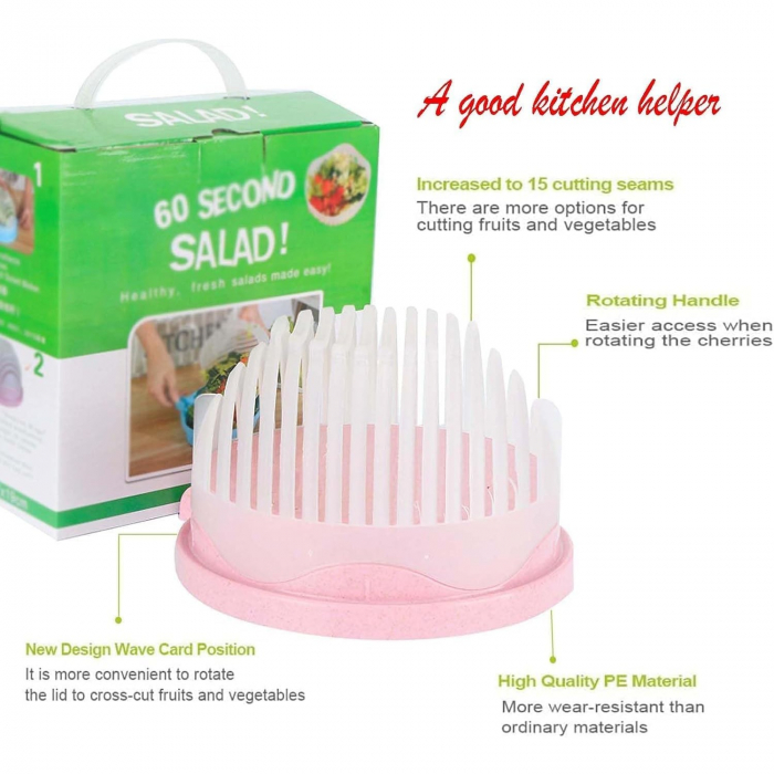Bol Feliator pentru Salata, Flippy, Castron Multifunctional pentru Legume si Fructe, pentru Spalat si Taiat Legumele, cu Scurgere si Tocator, Ergonomic, Protectie pentru Maini, 21x18.5x11.5 cm, Roz [4]
