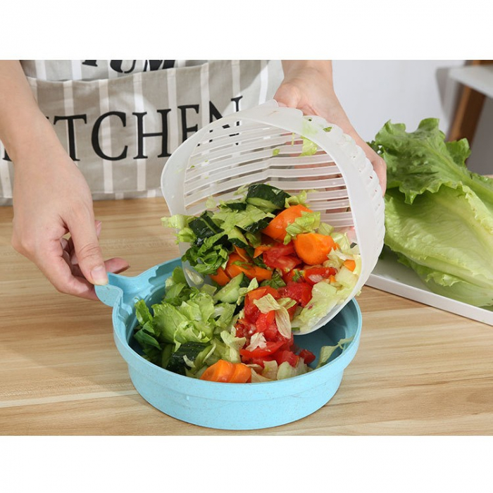 Bol Feliator pentru Salata, Flippy, Castron Multifunctional pentru Legume si Fructe, pentru Spalat si Taiat Legumele, cu Scurgere si Tocator, Ergonomic, Protectie pentru Maini, 21x18.5x11.5 cm, Albast [7]