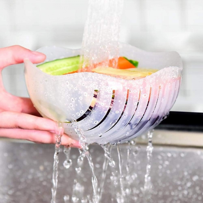 Bol Feliator pentru Salata, Flippy, Castron Multifunctional pentru Legume si Fructe, pentru Spalat si Taiat Legumele, cu Scurgere si Tocator, Ergonomic, Protectie pentru Maini, 21x18.5x11.5 cm, Mov [8]