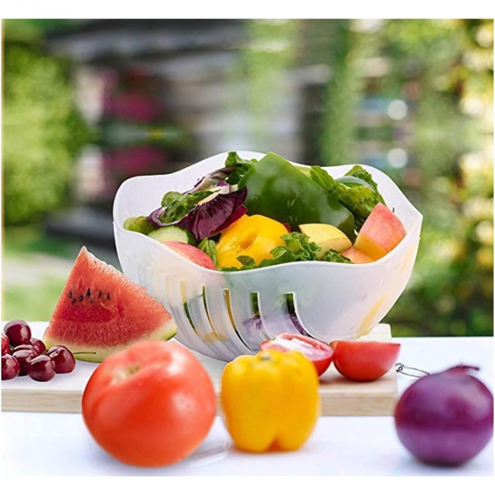 Bol Feliator pentru Salata, Flippy, Castron Multifunctional pentru Legume si Fructe, pentru Spalat si Taiat Legumele, cu Scurgere si Tocator, Ergonomic, Protectie pentru Maini, 21x18.5x11.5 cm, Mov [9]