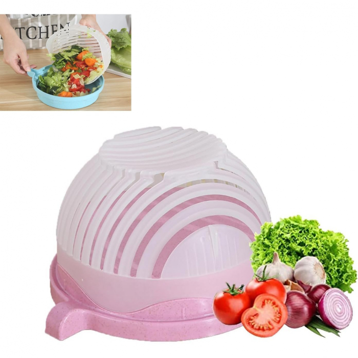 Bol Feliator pentru Salata, Flippy, Castron Multifunctional pentru Legume si Fructe, pentru Spalat si Taiat Legumele, cu Scurgere si Tocator, Ergonomic, Protectie pentru Maini, 21x18.5x11.5 cm, Roz [6]