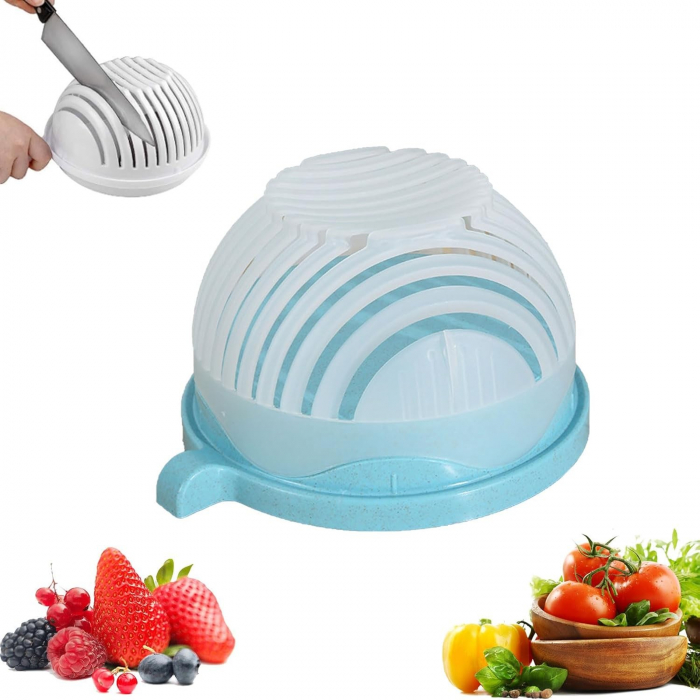 Bol Feliator pentru Salata, Flippy, Castron Multifunctional pentru Legume si Fructe, pentru Spalat si Taiat Legumele, cu Scurgere si Tocator, Ergonomic, Protectie pentru Maini, 21x18.5x11.5 cm, Albast [5]