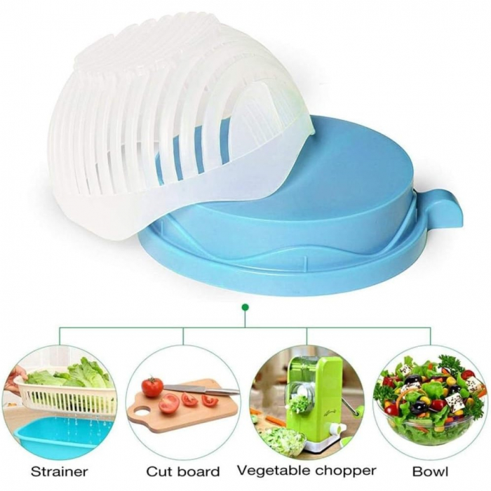Bol Feliator pentru Salata, Flippy, Castron Multifunctional pentru Legume si Fructe, pentru Spalat si Taiat Legumele, cu Scurgere si Tocator, Ergonomic, Protectie pentru Maini, 21x18.5x11.5 cm, Albast [6]