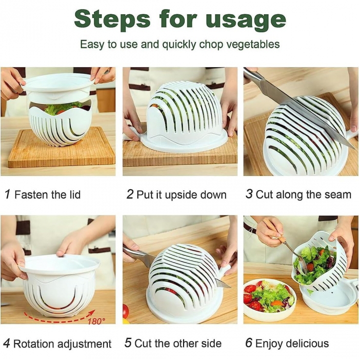Bol Feliator pentru Salata, Flippy, Castron Multifunctional pentru Legume si Fructe, pentru Spalat si Taiat Legumele, cu Scurgere si Tocator, Ergonomic, Protectie pentru Maini, 21x18.5x11.5 cm, Alb [9]
