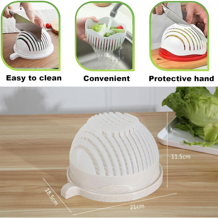 Bol Feliator pentru Salata, Flippy, Castron Multifunctional pentru Legume si Fructe, pentru Spalat si Taiat Legumele, cu Scurgere si Tocator, Ergonomic, Protectie pentru Maini, 21x18.5x11.5 cm, Alb [3]
