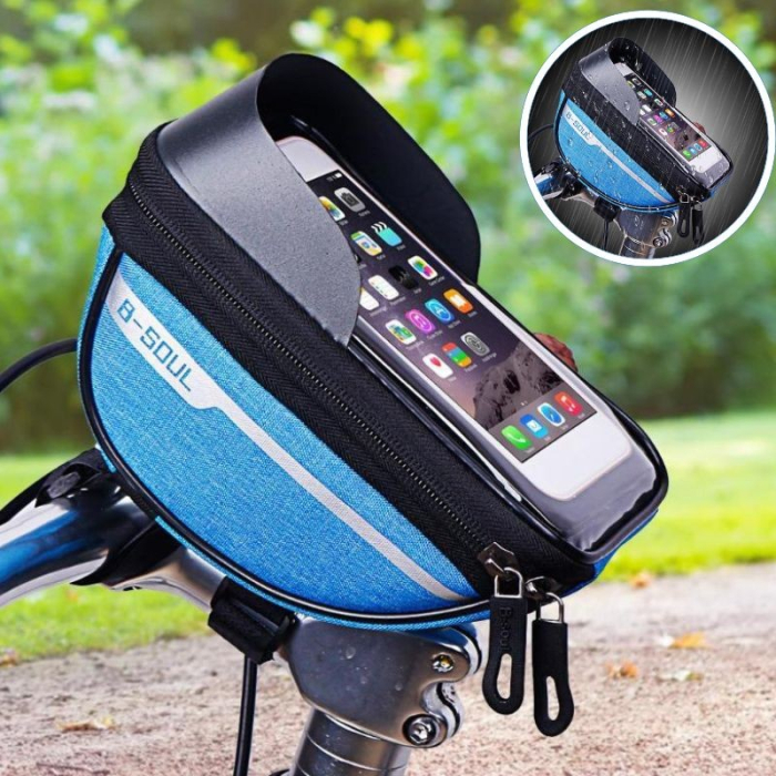Borseta bicicleta impermeabila cu husa pentru telefon Flippy, montare pe ghidon, compatibila cu telefoane de pana la 16 cm, spatiu depozitare, 18.5x9.5 cm, albastru [3]