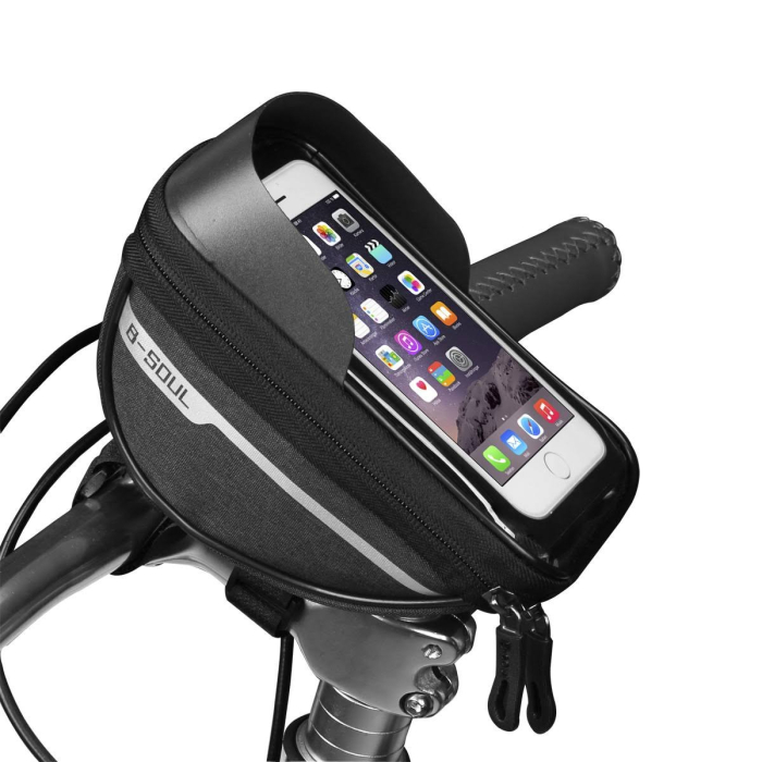 Borseta bicicleta impermeabila cu husa pentru telefon Flippy, montare pe ghidon, compatibila cu telefoane de pana la 16 cm, spatiu depozitare, 18.5x9.5 cm, negru [10]