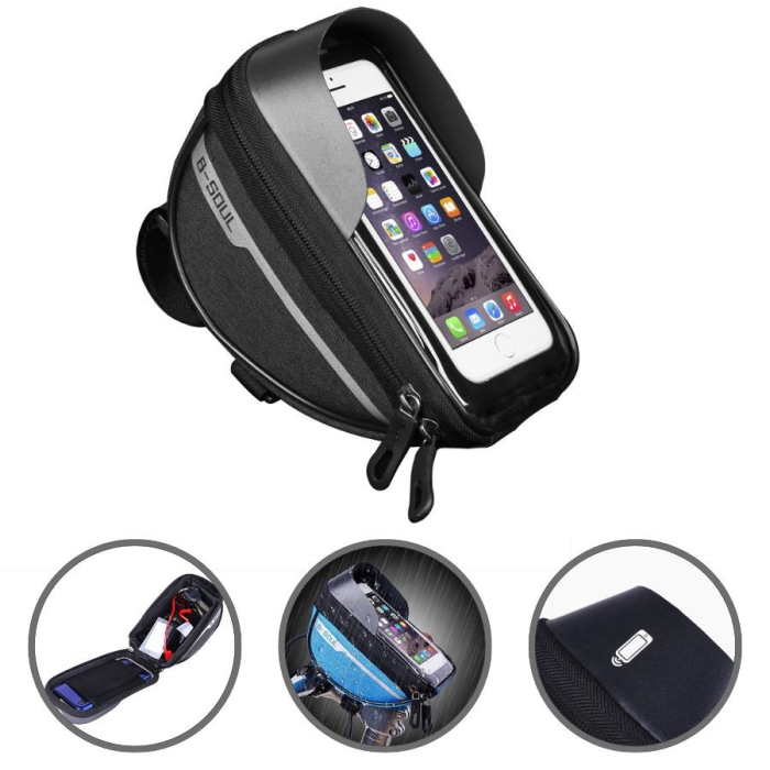 Borseta bicicleta impermeabila cu husa pentru telefon Flippy, montare pe ghidon, compatibila cu telefoane de pana la 16 cm, spatiu depozitare, 18.5x9.5 cm, negru [2]