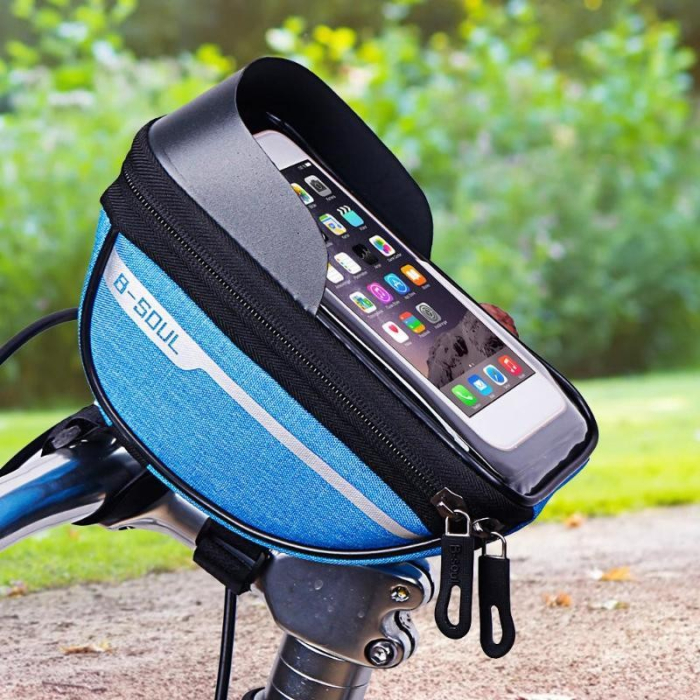 * LICHIDARE STOC * Borseta bicicleta impermeabila cu husa pentru telefon Flippy, montare pe ghidon, compatibila cu telefoane de pana la 16 cm, spatiu depozitare, 18.5x9.5 cm, albastru [5]