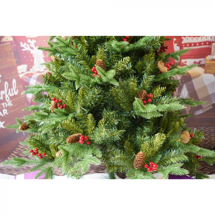 Brad Artificial de Craciun Bogat, Flippy, 1.80 m inaltime, 774 ramuri, Premium, Verde, Decorat cu 56 conuri pin rosii, Interior/ Exterior [2]