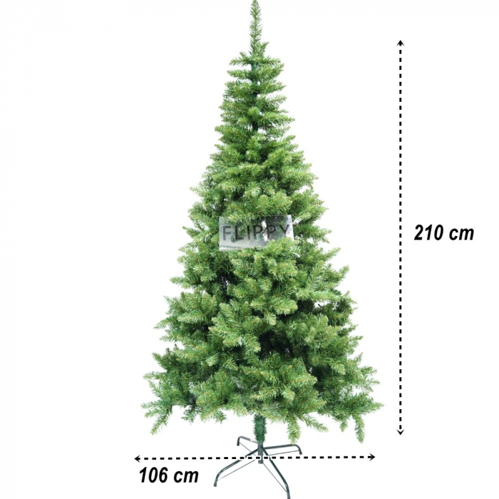 Brad artificial de Craciun, clasic, pentru interior/exterior, inaltime 210 cm, diametru 106 cm, 663 ramuri, Flippy, verde, suport metalic inclus [6]