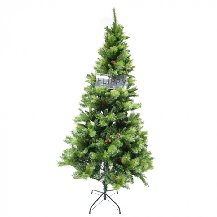Brad artificial de Craciun, Decorat cu conuri de pin, pentru interior/exterior, inaltime 180 cm, 659 ramuri, Flippy, verde, suport metalic inclus [1]