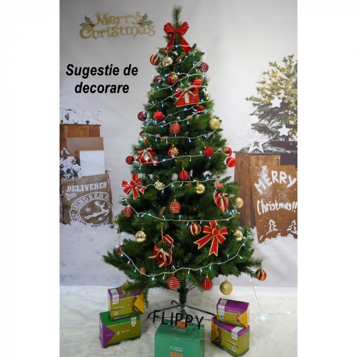 Brad artificial de Craciun, Decorat cu conuri de pin, pentru interior/exterior, inaltime 210 cm, diametru 114 cm, 1057 ramuri, Flippy, verde, suport metalic inclus [5]