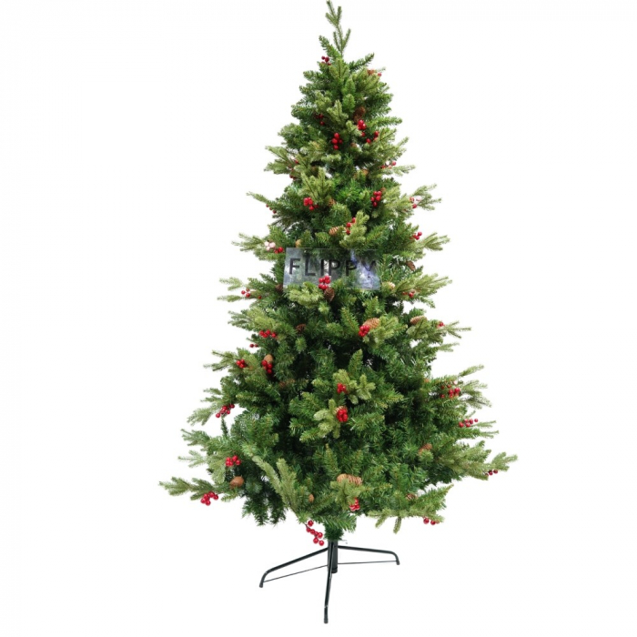 Brad artificial de Craciun, decorat cu conuri pin rosii, inaltime 210 cm, diametru 137 cm, 1172 ramuri, Flippy, verde, suport metalic inclus [1]