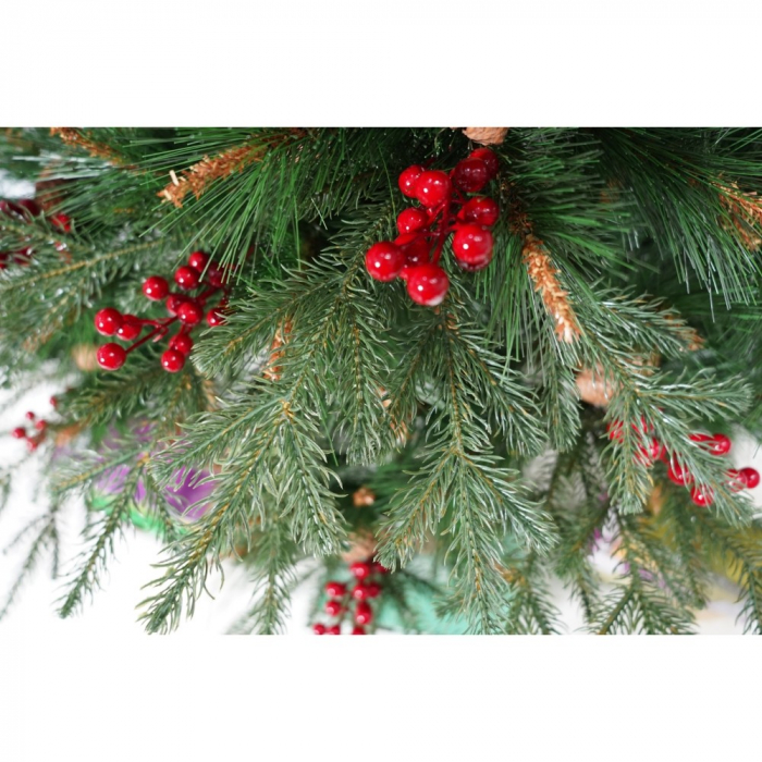 Brad artificial de Craciun, decorat cu conuri pin rosii, pentru interior/exterior, inaltime 150 cm, diametru 104 cm, 323 ramuri, Flippy, verde, suport metalic inclus [4]