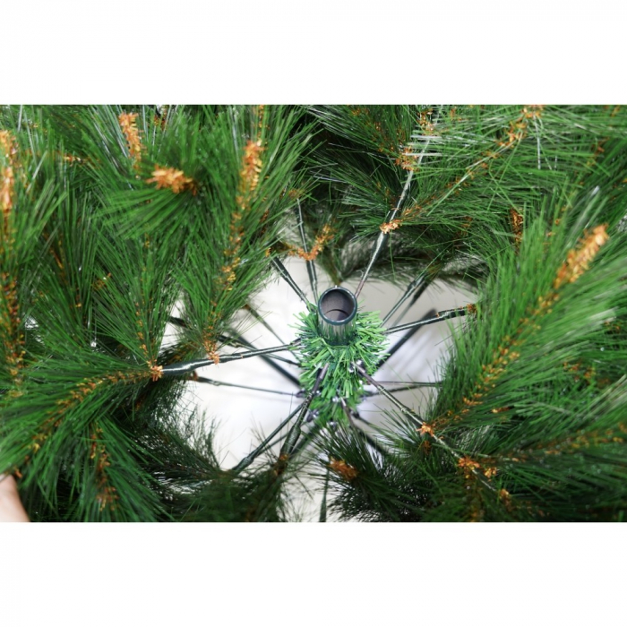 Brad artificial de Craciun, decorat cu conuri pin rosii, pentru interior/exterior, inaltime 210 cm, diametru 142 cm, 767 ramuri, Flippy, verde, suport metalic inclus [3]