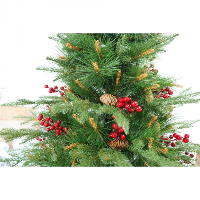 Brad artificial de Craciun, decorat cu conuri pin rosii, pentru interior/exterior, inaltime 210 cm, diametru 142 cm, 767 ramuri, Flippy, verde, suport metalic inclus [6]