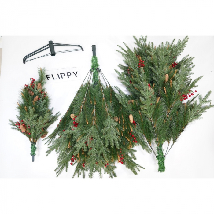 Brad artificial de Craciun, decorat cu conuri pin rosii, pentru interior/exterior, inaltime 210 cm, diametru 142 cm, 767 ramuri, Flippy, verde, suport metalic inclus [2]
