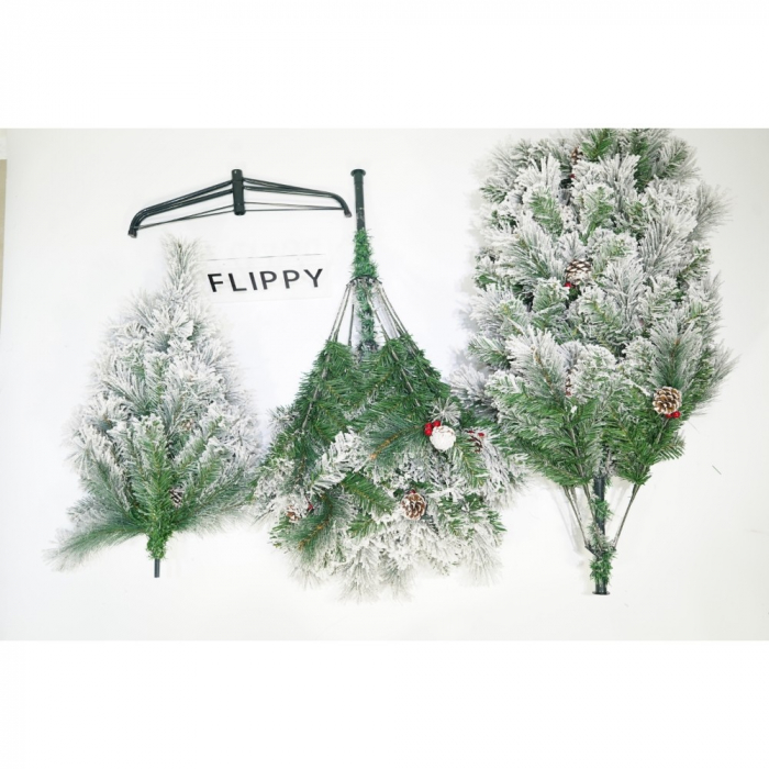 Brad artificial de Craciun nins, decorat cu conuri pin, pentru interior/exterior, inaltime 210 cm, diametru 131 cm, 630 ramuri, Flippy, alb/verde, suport metalic inclus [2]