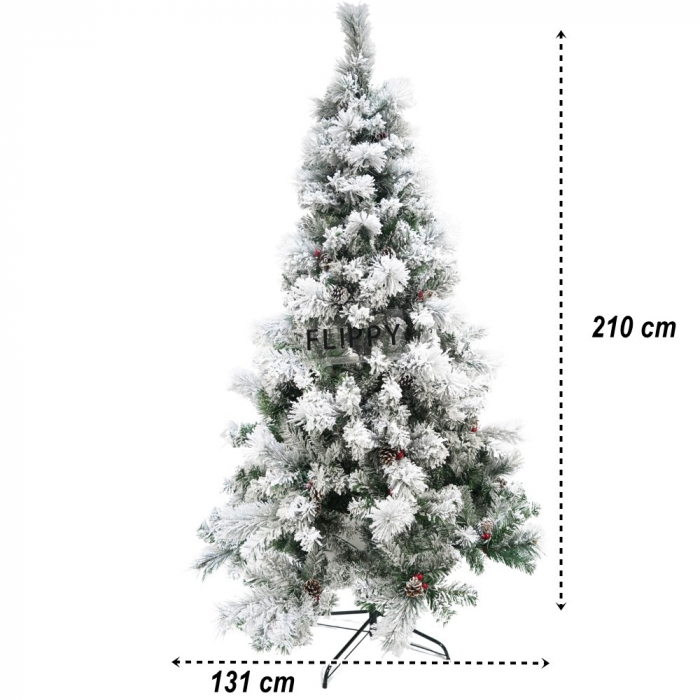 Brad artificial de Craciun nins, decorat cu conuri pin, pentru interior/exterior, inaltime 210 cm, diametru 131 cm, 630 ramuri, Flippy, alb/verde, suport metalic inclus [6]