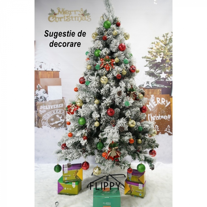 Brad artificial de Craciun nins, decorat cu conuri pin, pentru interior/exterior, inaltime 210 cm, diametru 131 cm, 630 ramuri, Flippy, alb/verde, suport metalic inclus [5]