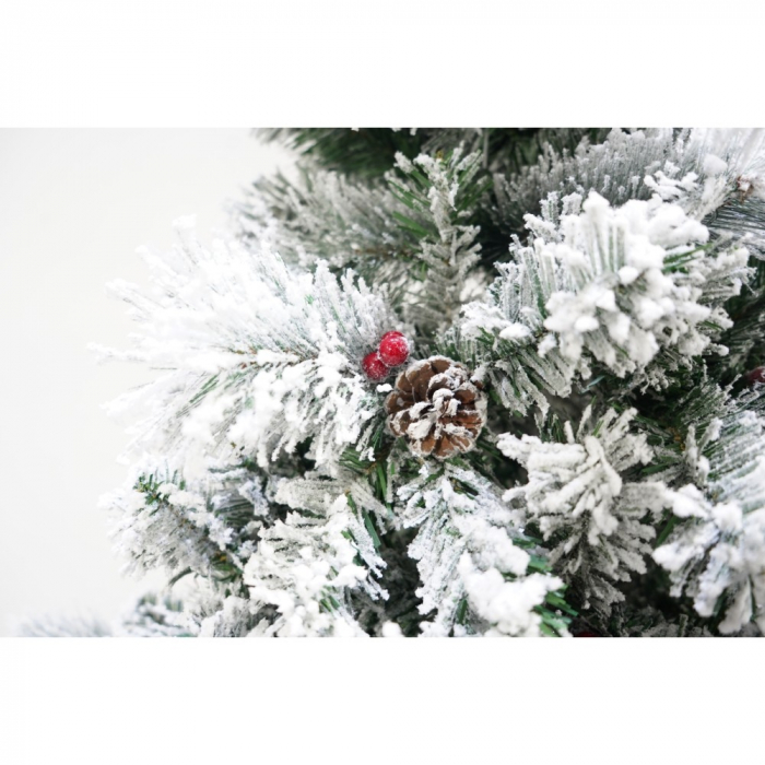 Brad artificial de Craciun nins, decorat cu conuri pin, pentru interior/exterior, inaltime 210 cm, diametru 131 cm, 630 ramuri, Flippy, alb/verde, suport metalic inclus [3]