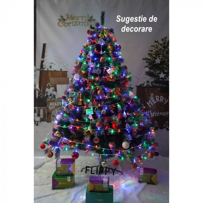 Brad artificial de Craciun nins, decorat cu conuri pin, pentru interior/exterior, inaltime 210 cm, diametru 147 cm, 1150 ramuri, Flippy, verde, suport metalic inclus [4]