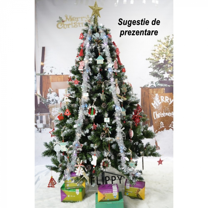 Brad artificial de Craciun nins, decorat cu conuri pin, pentru perete/colt, inaltime 210 cm, diametru 149 cm, 1224 ramuri, Flippy, verde, suport metalic inclus [5]