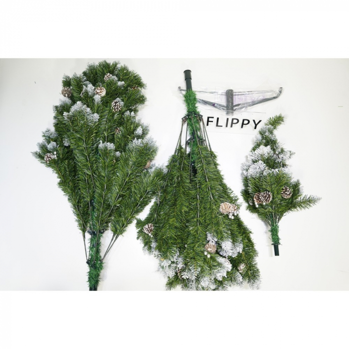 Brad artificial de Craciun nins, decorat cu conuri pin, pentru perete/colt, inaltime 210 cm, diametru 149 cm, 1224 ramuri, Flippy, verde, suport metalic inclus [2]