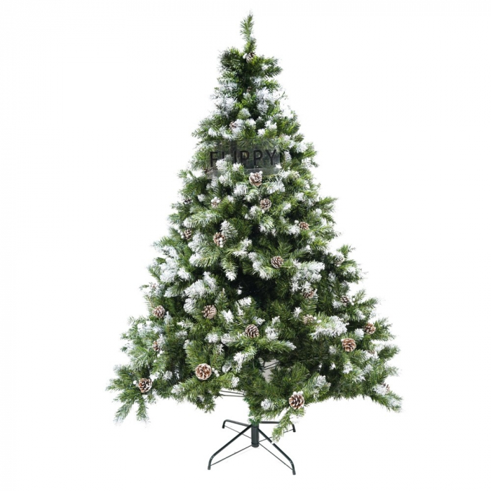 Brad artificial de Craciun nins, decorat cu conuri pin, pentru perete/colt, inaltime 210 cm, diametru 149 cm, 1224 ramuri, Flippy, verde, suport metalic inclus [1]