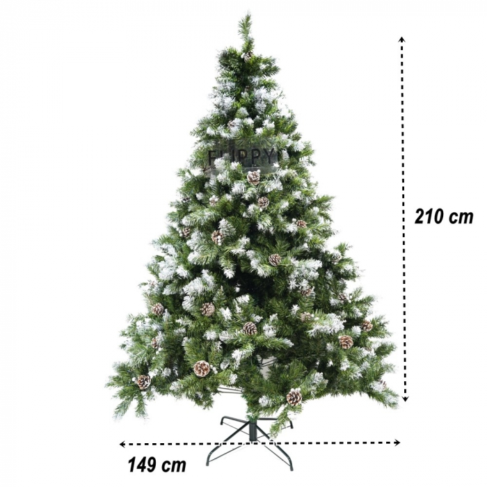Brad artificial de Craciun nins, decorat cu conuri pin, pentru perete/colt, inaltime 210 cm, diametru 149 cm, 1224 ramuri, Flippy, verde, suport metalic inclus [6]