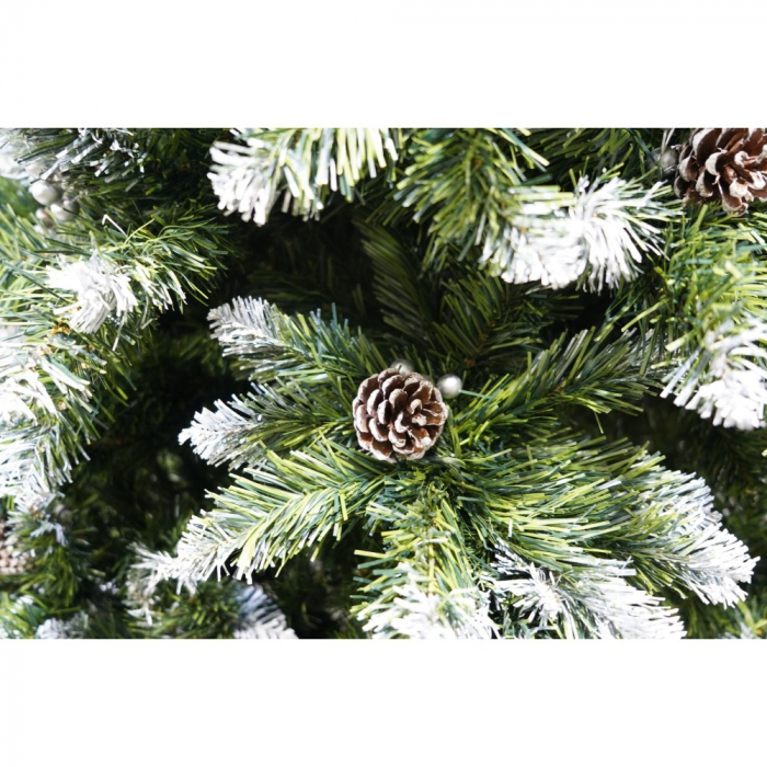 Brad artificial de Craciun nins, decorat cu conuri pin, pentru perete/colt, inaltime 210 cm, diametru 149 cm, 1224 ramuri, Flippy, verde, suport metalic inclus [4]