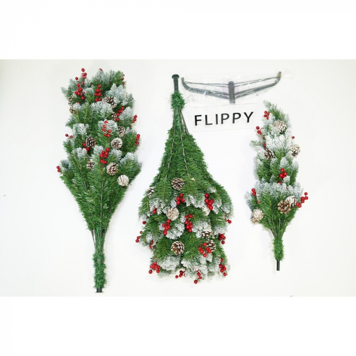 Brad artificial de Craciun nins, decorat cu conuri pin rosii, inaltime 180 cm, diametru 95 cm, 319 ramuri, Flippy, verde, suport metalic inclus [2]