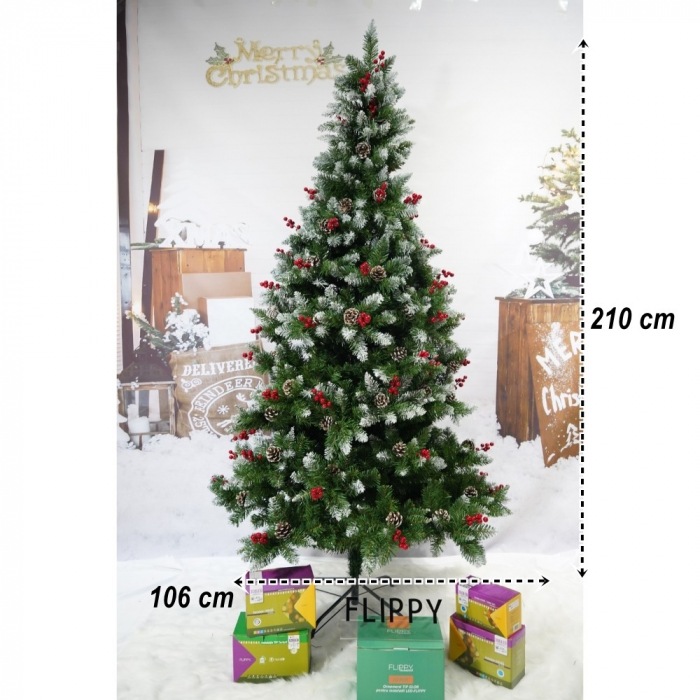 Brad artificial de Craciun nins, decorat cu conuri pin rosii, inaltime 210 cm, diametru 106 cm, 643 ramuri, Flippy, verde, suport metalic inclus [4]