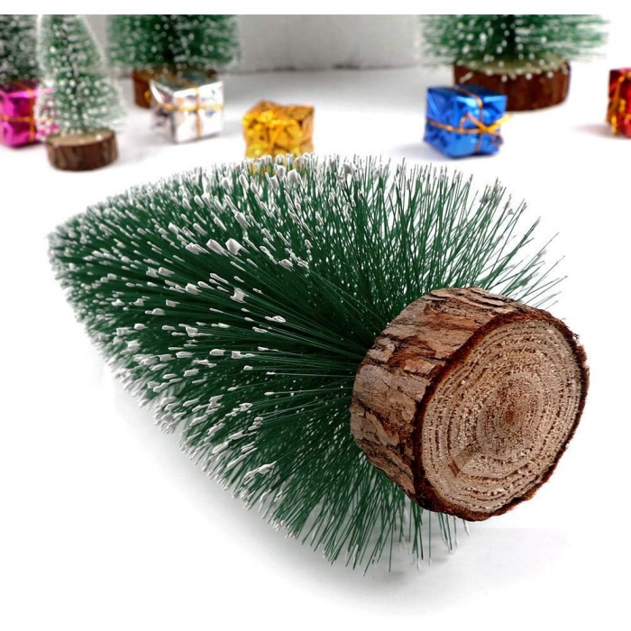 Lichidare de stoc Brad artificial de craciun, ornament pentru masa, pe suport lemn, 10 cm inaltime, Verde inzapezit [3]