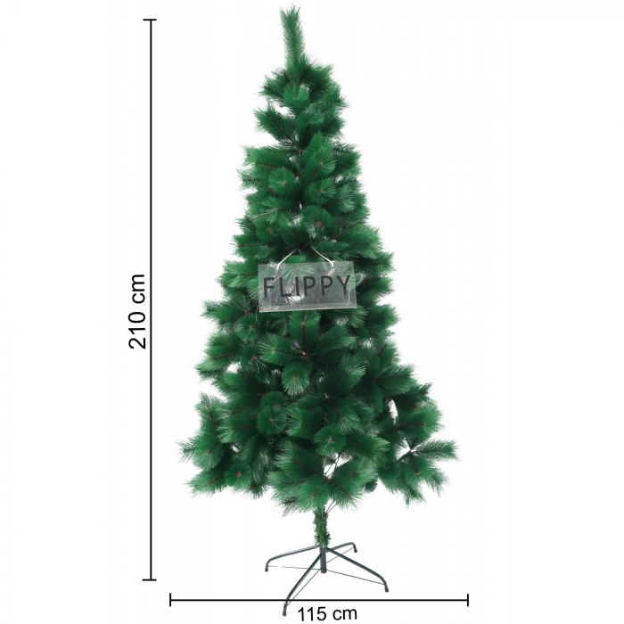 Brad artificial de Craciun tip pin, inaltime 210 cm, diametru 115 cm, 350 ramuri cu ace 3D 12 cm, Flippy, verde, suport metalic inclus [6]