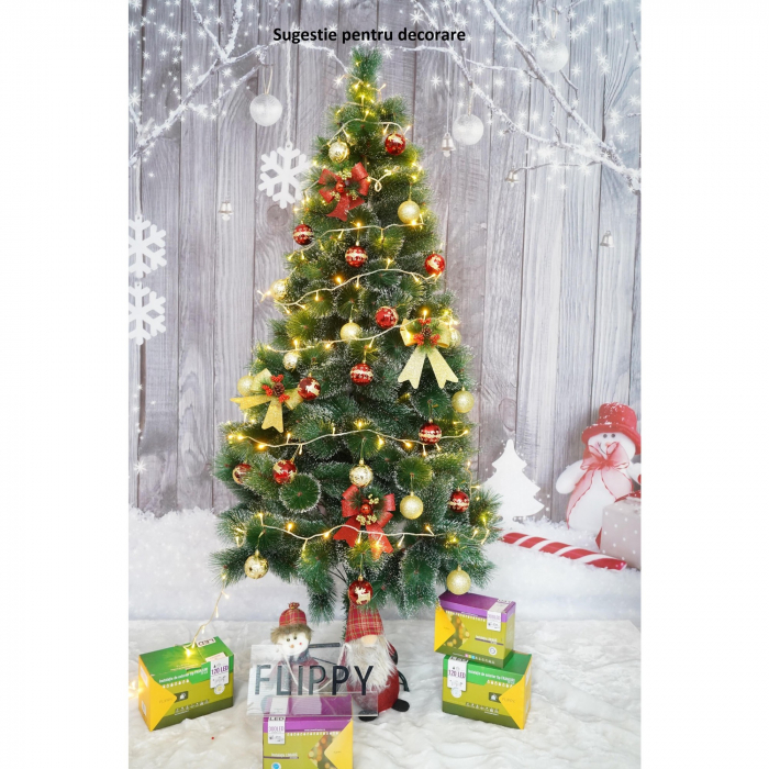 Brad artificial de Craciun tip pin inzapezit, inaltime 210 cm, diametru 115 cm, 350 ramuri cu ace 3D 12 cm, Flippy, verde cu varfuri ninse, suport metalic inclus [3]