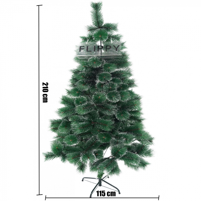 Brad artificial de Craciun tip pin inzapezit, inaltime 210 cm, diametru 115 cm, 350 ramuri cu ace 3D 12 cm, Flippy, verde cu varfuri ninse, suport metalic inclus [4]