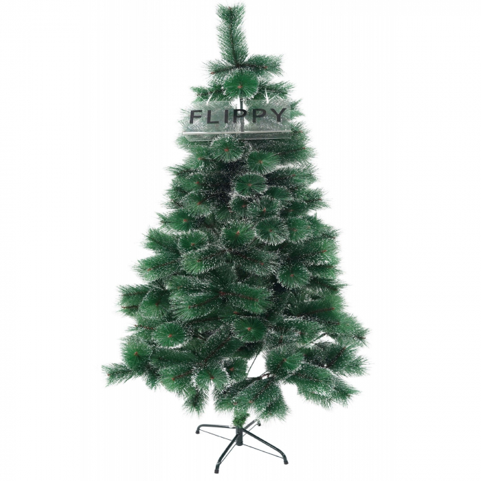 Brad artificial de Craciun tip pin inzapezit, inaltime 210 cm, diametru 115 cm, 350 ramuri cu ace 3D 12 cm, Flippy, verde cu varfuri ninse, suport metalic inclus [1]