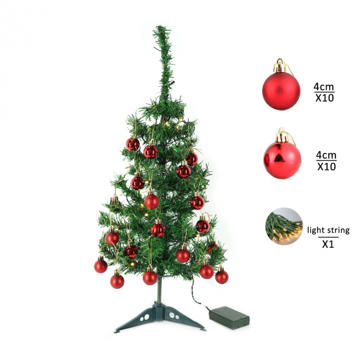 Brad Artificial Impodobit, 60 cm, suport plastic cu instalatie luminoasa 20 LED alb cald + 20 globuri rosii incluse, Flippy [9]