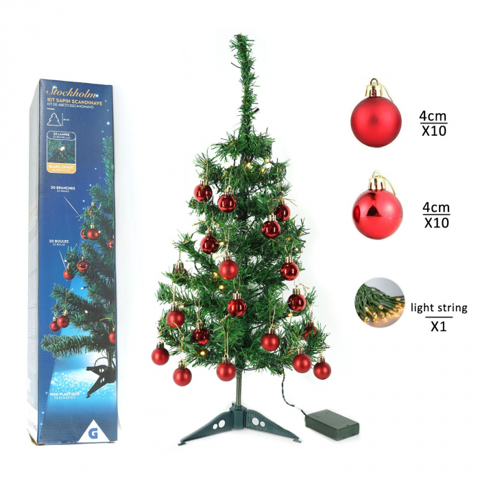 Brad Artificial Impodobit, 60 cm, suport plastic cu instalatie luminoasa 20 LED alb cald + 20 globuri rosii incluse, Flippy [3]