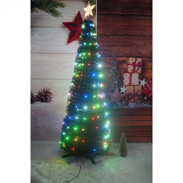 Brad artificial Pop-Up Flippy, cu instalatie integrata, Lumini RGB, Suport inclus, Stea luminata, 304 Led, 180 cm, Material PVC, Verde [1]