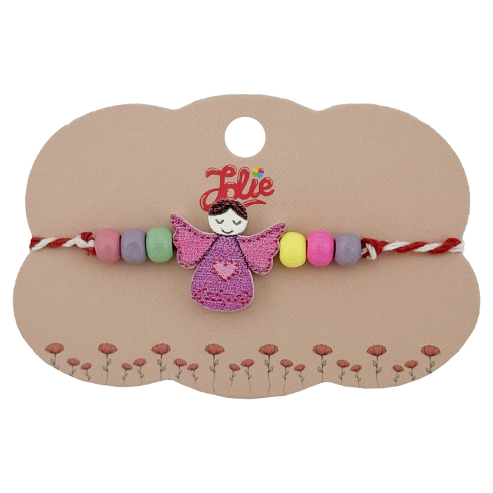Bratara Martisor pentru Copii, Jolie, Pandativ Ingeras, cu Margele Multicolore, Snur Alb/Rosu, Mov/Multicolor [1]