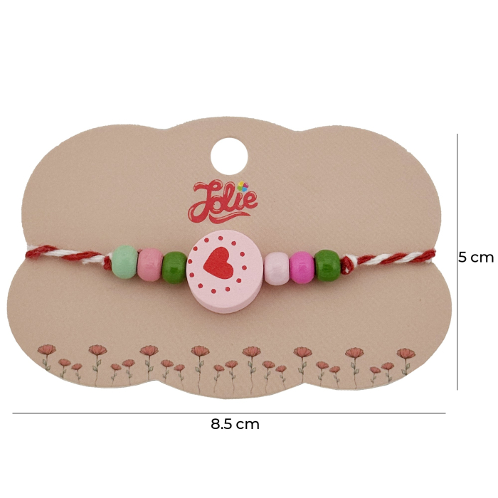Bratara Martisor pentru Copii, Jolie, Pandativ Rotund Inima, cu Margele Multicolore, Snur Alb/Rosu, Roz deschis [2]