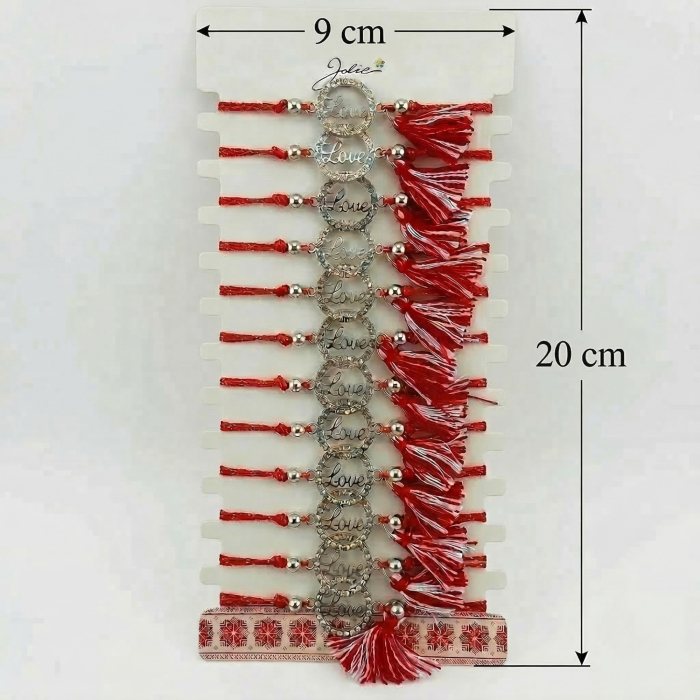 Bratara Martisor pentru Dama, Jolie, Model Love, Set 12 bucati, Pandativ din Aliaj cu Cristale, Snur Ajustabil Impletit, Alb/Rosu [2]